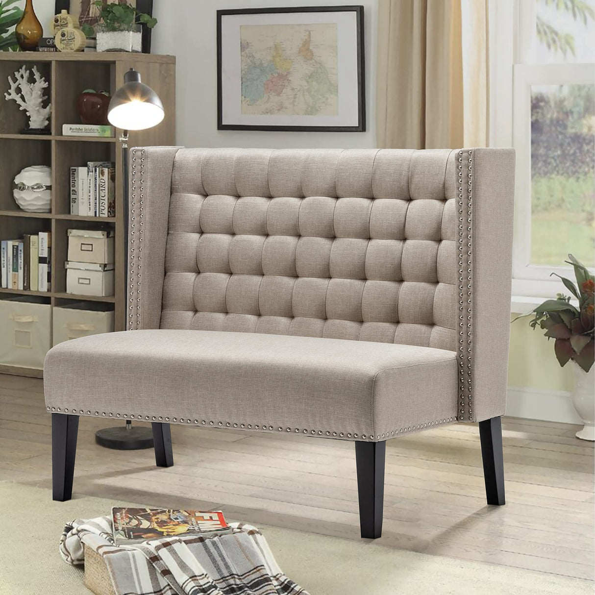 46" Small Modern Loveseat Settee Sofa 2-Seat Sofa Couch Tufted Love Seat Dining Bench with Nail Head Trim Back Banquette Sofas for Living Room Small Space Entryway Hallway Khaki Tongli