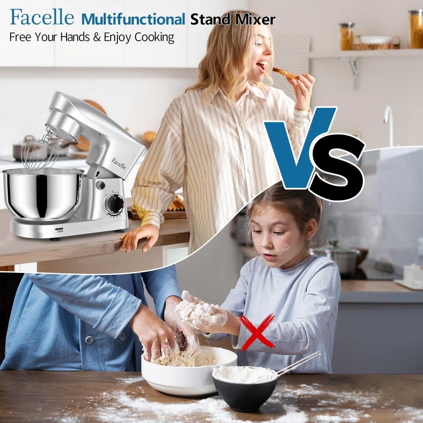 Facelle Stand Mixer, 10-Speed 6QT Kitchen Electric Mixer, Tilt-Head Food Mixer with Beater, Dough Hook, Wire Whip and Egg Separator, scraper for Most Home Cooks - Silver