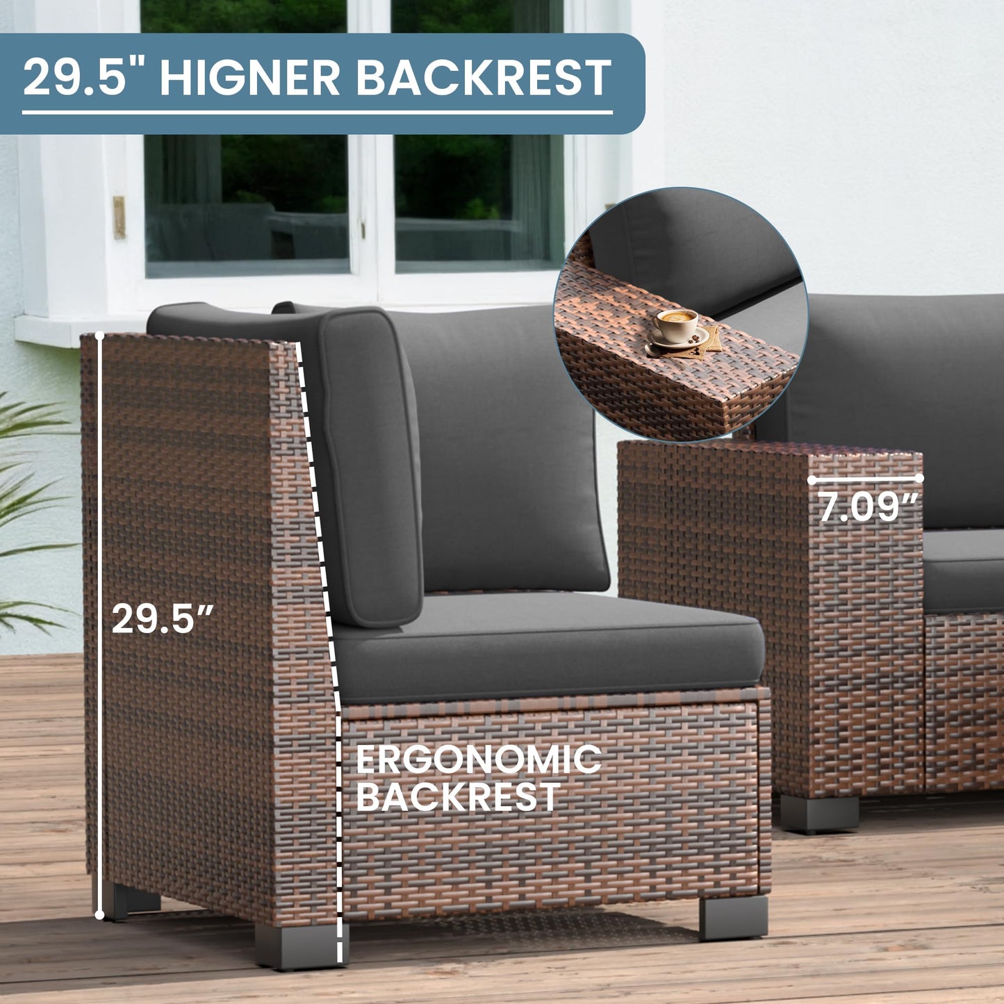 Amopatio Outdoor Sectional Furniture Set 6-Piece Brown Rattan Wicker Conversation Sofa Set with Glass Top Table and Waterproof Covers,Grey Cushions - WoodArtSupply