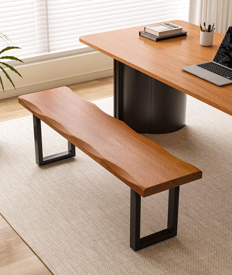 FKCSV Modern Rustic Solid Wood Bench with Black Metal Legs, Industrial Farmhouse Style, Natural Wood Finish FKCSV