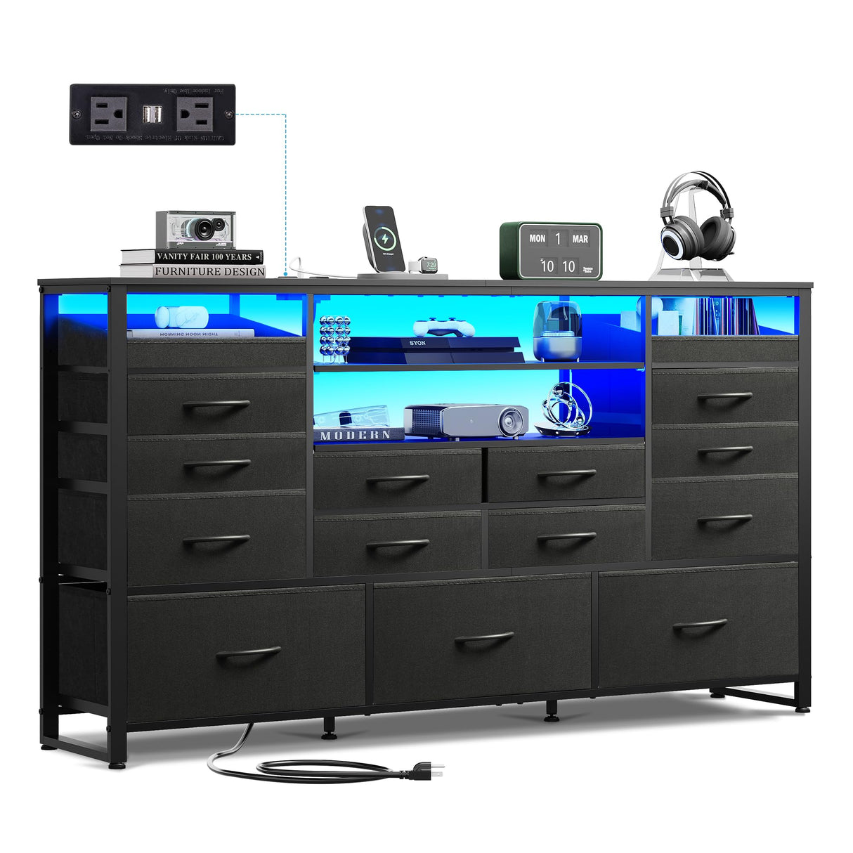 WLIVE Black TV Stand for 55, 60, 65 inch TV, Entertainment Center with LED Lights & Charging Station, TV Media Console Table with 15 Fabric Drawers and Open Shelves for Living Room, Hallway, Wood Topm WLIVE