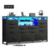 WLIVE Black TV Stand for 55, 60, 65 inch TV, Entertainment Center with LED Lights & Charging Station, TV Media Console Table with 15 Fabric Drawers and Open Shelves for Living Room, Hallway, Wood Topm WLIVE