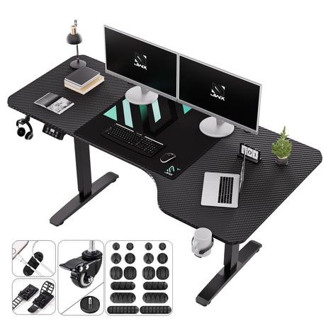 JWX Standing Adjustable Desk, 63 inches L Shaped Electric Standing Gaming Desk with Locking Wheels, Cup Holder, Headphone Hook, Cable Manager, Mouse pad, Carbon Fiber Textured Pane JWX
