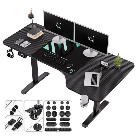 JWX Standing Adjustable Desk, 63 inches L Shaped Electric Standing Gaming Desk with Locking Wheels, Cup Holder, Headphone Hook, Cable Manager, Mouse pad, Carbon Fiber Textured Pane - WoodArtSupply