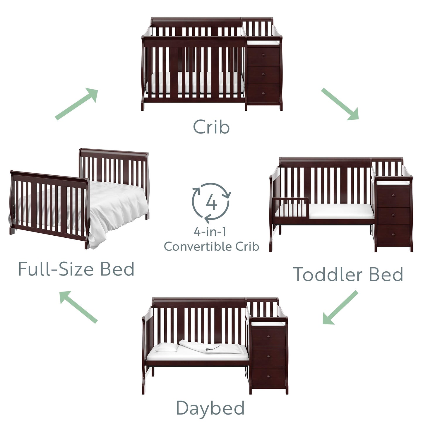 Storkcraft Portofino 5-in-1 Convertible Crib and Changer (Espresso) – Crib and Changing -Table Combo with 3 Drawers, Includes Baby Changing Pad, Converts to Full-Size Bed