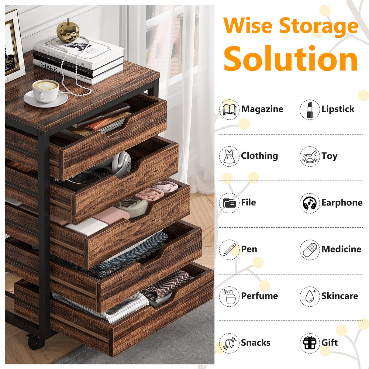 Tribesigns 5 Drawer Chest, Wood Storage Dresser Cabinet with Wheels, Industrial Storage Drawer Organizer Cart for Office Bedroom Entryway (Rustic Brown, 1 PC) Tribesigns