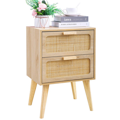 YAUKOMEL Rattan Nightstand, Small End Table, Side Table with Hand Made Rattan Decorated Drawers,Boho Bedside Table,Wood Accent Table with Storage for Small Space,Livingroom, Bedroom, Natural CTG59Y