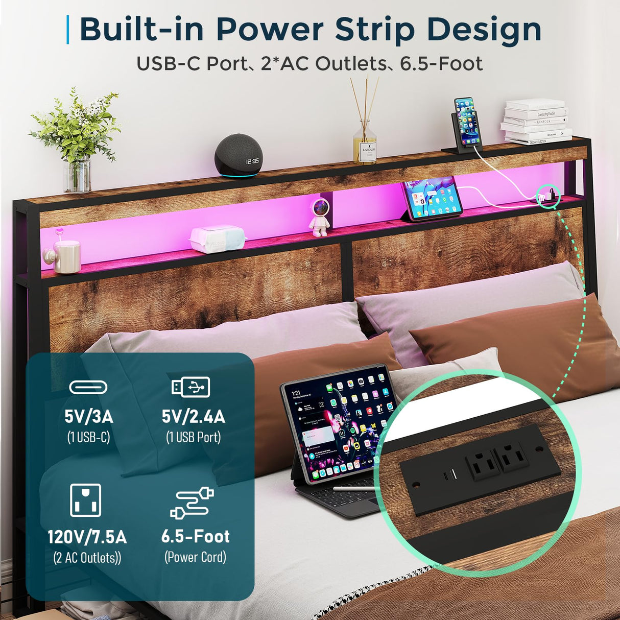 SADENICEL King Bed Frame with Storage Headboard and 4 Drawers, Metal Platform Bed Frame with LED Light, Charging Station, No Box Spring Needed, Noise Free, Easy Assembly, Vintage Brown SADENICEL