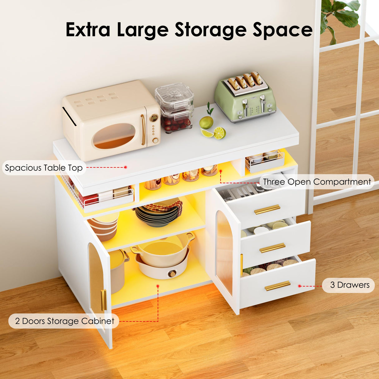 soges 39.4" LED Buffet Cabinet, Modern Sideboard Buffet with RGB 7-Color Light Strip, Large Kitchen Storage Cabinet with Storage for Bar, Office, Coffee Bar Station with 3 Drawers soges