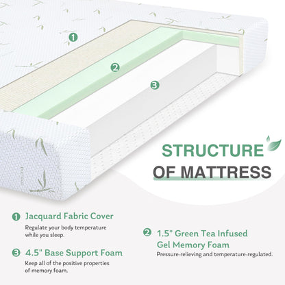 Dyonery 8 Inch Twin Memory Foam Mattress for Kids, Cooling Green Tea Gel Mattress in a Box, Rayon Mattress for Breathable Sleep, Made in USA, Certipur-Us Certified, Medium Mattress, 38x75x8”