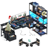 AODK 79 inch L Shaped Desk with File Drawers, Reversible L Shaped Gaming Desk with Power Outlets & LED Lights, Computer Desk with Storage Shelves for Home Office, Black AODK