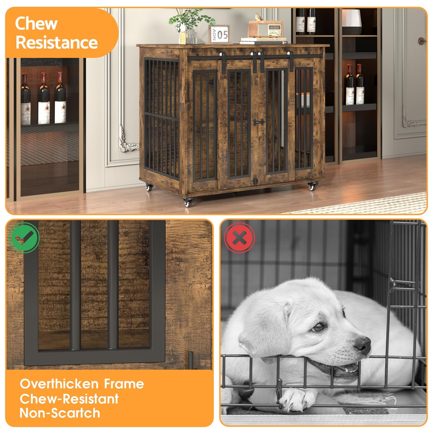 Wooden Dog Crate Furniture with Sliding Barn Door, 38.5" Medium Size Dog Cage with Lockable Wheels Double Doors, Indoor Dog Kennel Furniture End Table for Small/Medium/Large Dogs