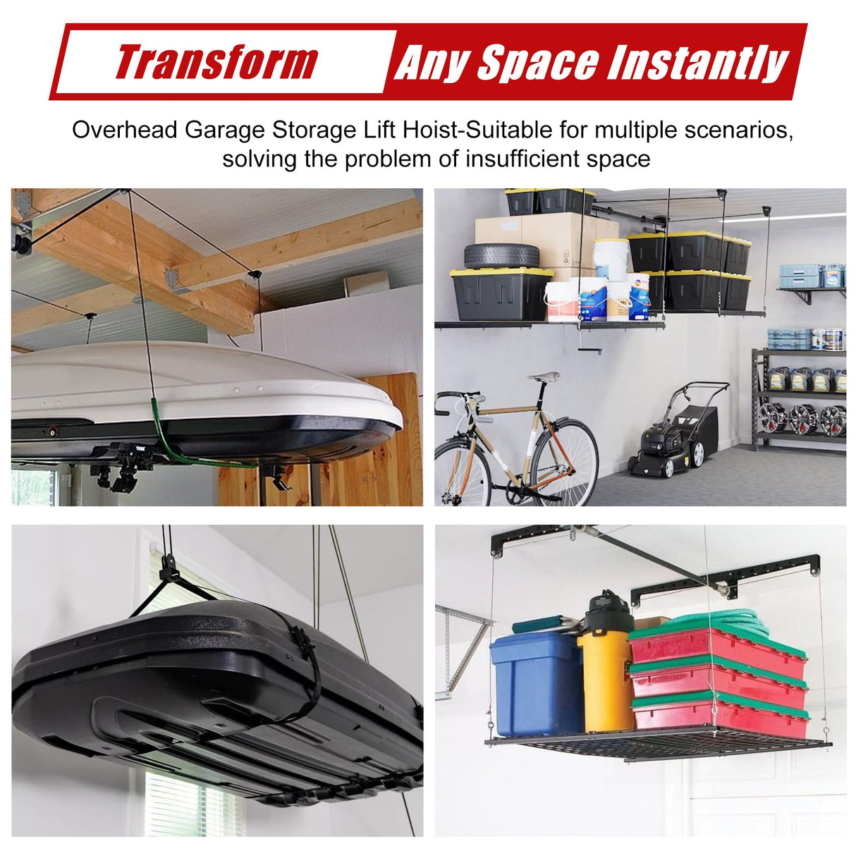 Drizzlen Overhead Garage Storage Lift,Heavy-Duty 300lbs Capacity Ceiling Rack System,Adjustable Height,Supports 8-16ft Ceilings,Overhead Garage Storage rack(Deck Not Includ) Drizzlen