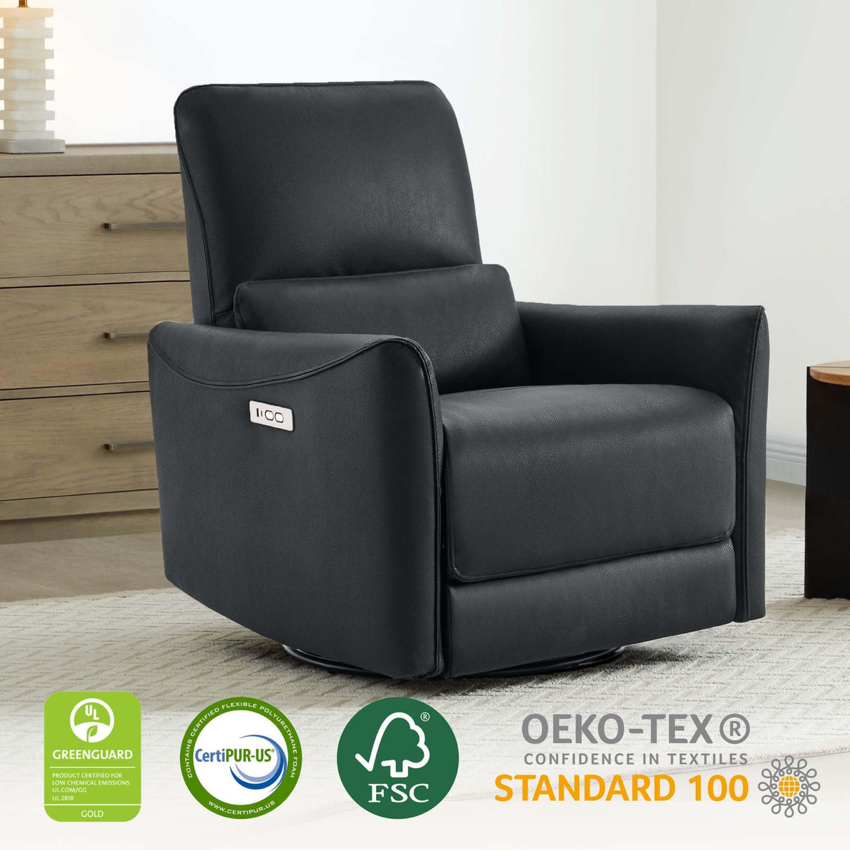 CHITA Power Recliner Chair Swivel Glider, FSC Certified Upholstered Faux Leather Living Room Nursery Reclining Sofa Chair with Lumbar Support, Black CHITA