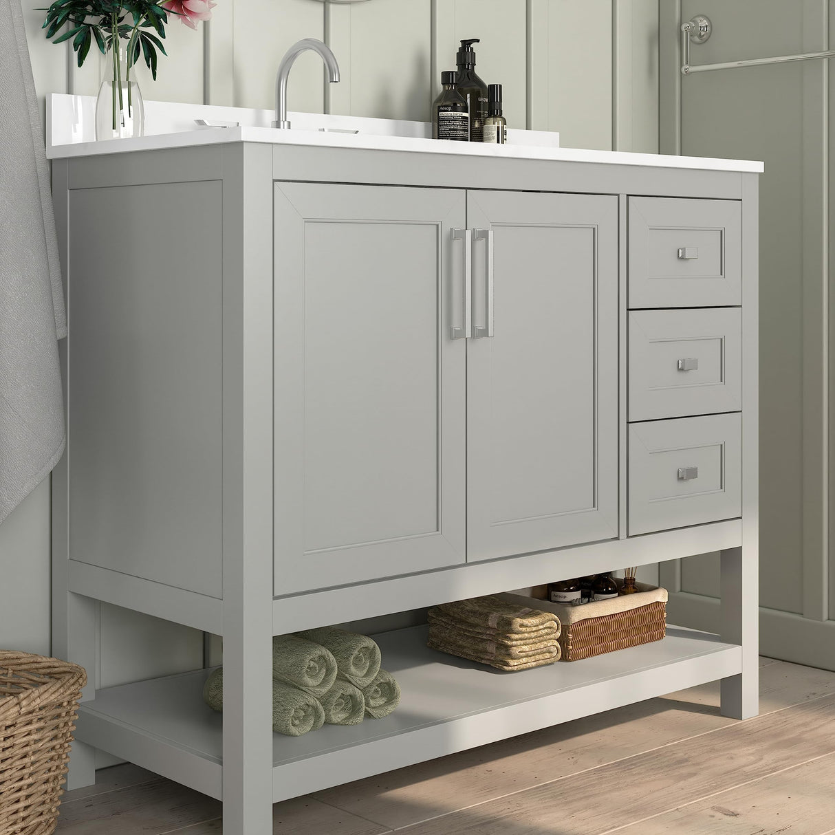 EMMA + OLIVER Vesta 42 Inch Bathroom Vanity, Single Sink Cabinet with 2 Soft Close Doors, Open Shelf and 3 Drawers, Carrara Marble Finish Countertop, Gray EMMA + OLIVER