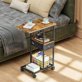 C Shaped Sofa Side Table: Couch End Table with Drawer - Bedside Table with Wheels - 19.7''L x 11.8''W x 28''H - C Mobile Tables with Storage Basket for Living Room Bedroom Sonyabecca