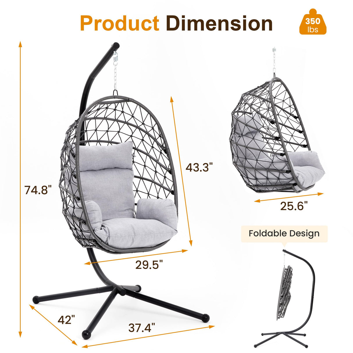RoyalCraft Hanging Egg Chair Outdoor Swing Chair with Stand, Hammock Chair Indoor, Patio Boho Wicker Hanging Chair with Stand 350lbs Capacity for Garden, Balcony, Bedroom, Black & Gray RoyalCraft