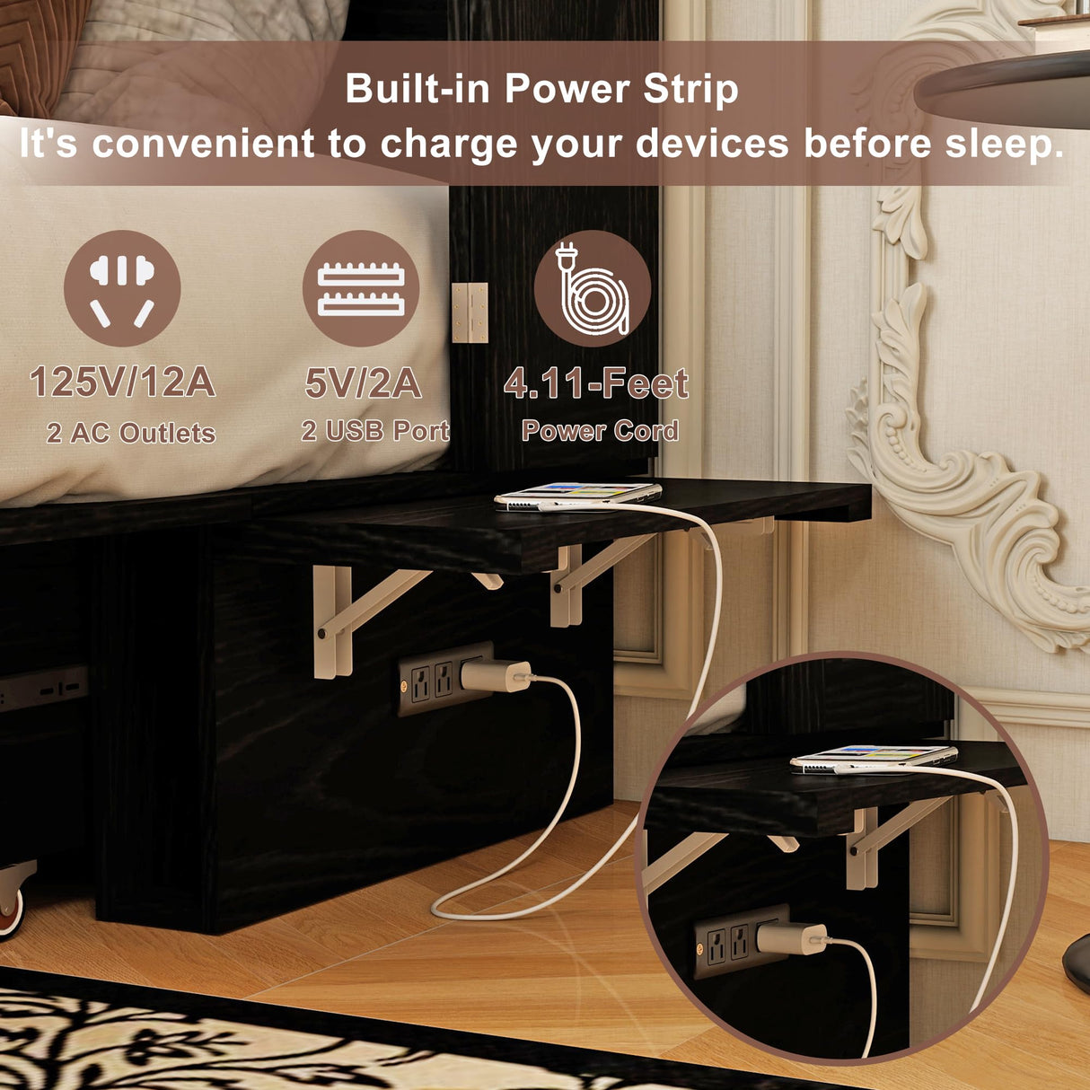 GraceGrove Queen Size Murphy Bed：Wood Queen Murphy Bed Cabinet with Large Storage Drawer,Optimize Sleeping Space（Mattress Not Included） Black-11 GraceGrove