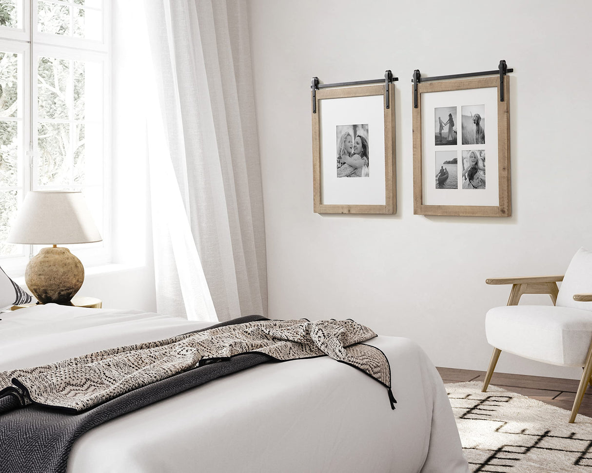 Kate and Laurel Cates Farmhouse Wooden Collage Picture Frame, 21x26 Matted to (4) 5x7, Rustic Natural Brown, Photograph Frame Fitting Four 5x7 Images with Barn Door-Inspired Design Kate and Laurel