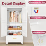 GAIOUS Steel Armoire Wardrobe Closet with 2 Doors, 71" Household Wardrobe Cabinet with Hanging Rod and Drawers, Metal Clothing Storage Cabinet with Adjustable Shelf for Bedroom, Cloak Room, Gym(White) GAIOUS