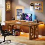 Tribesigns 62.4" Large Executive Desk, Farmhouse Computer Office Desk with Double Robust Pedestal, Rustic Wooden Study Writing Table Workstation for Home Office, Brown Tribesigns