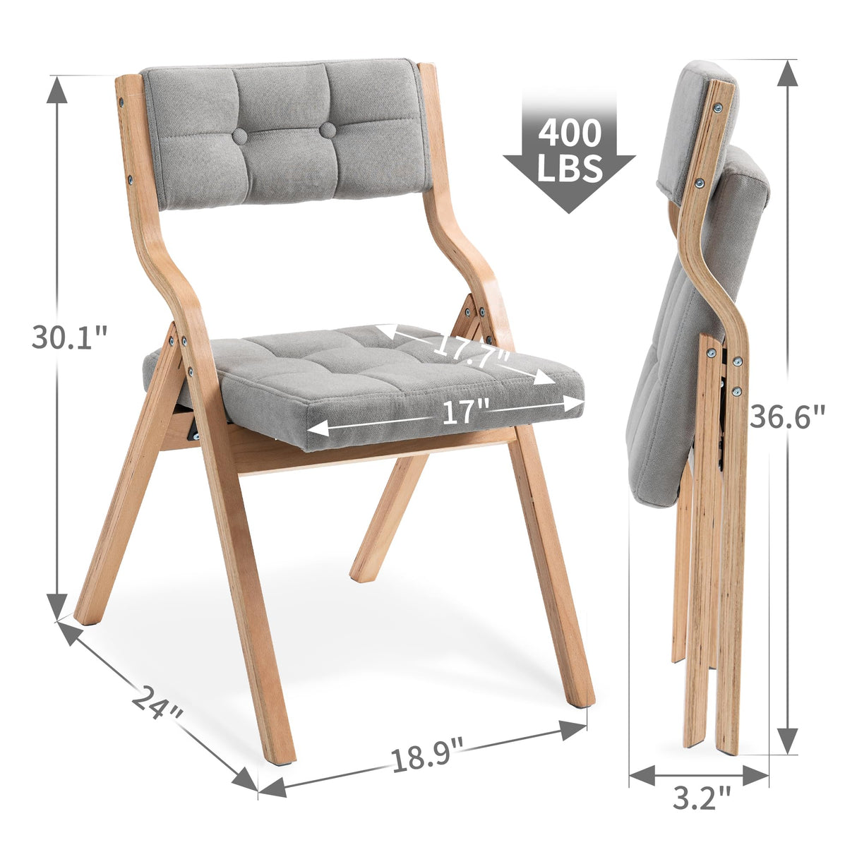 HOMEFUN Folding Chairs with Cushion, Wooden Padded Folding Chairs 2 Pack, Portable and Assembled Folding Dining Chair for Guests Kitchen Office Wedding and Party, Gray HOMEFUN