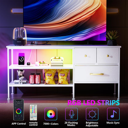 YILQQPER TV Stand with LED Lights & Power Outlet for 55 Inch TVs, Entertainment Center with 3 Storage Drawers and Shelves, TV Stands for Living Room and Bedroom, 50" TV Console, White