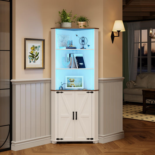 FREDEES Antique White Tall Corner Cabinet with LED Light - Rustic Farmhouse Storage Solution - WoodArtSupply