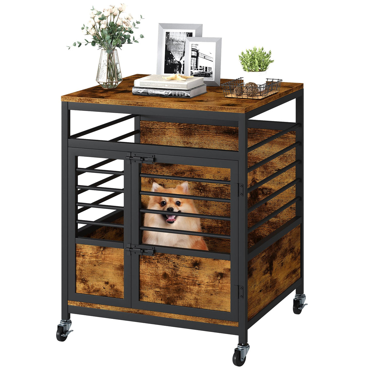 DWVO Dog Crate Furniture, 24 Inch Dog Kennel Indoor Furniture End Table Dog Crate for Dogs, Modern Decorative Dog Crate Wooden Dog Crate Furniture with Wheels, Chew-Resistant, Rustic Brown DWVO