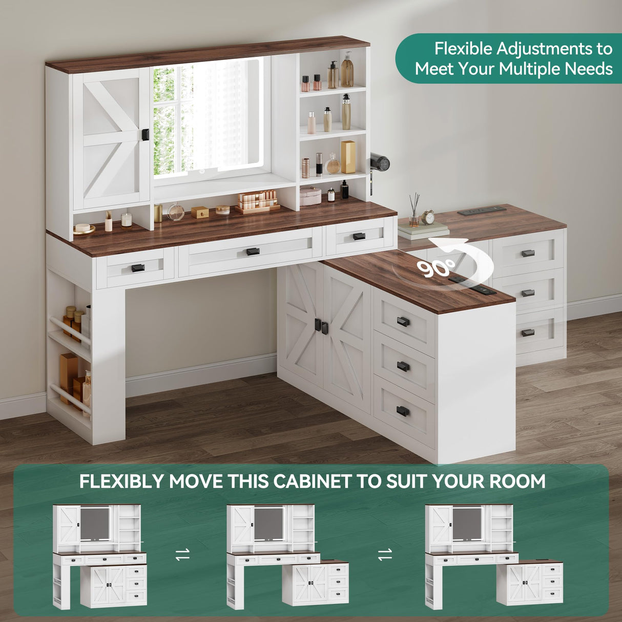 YITAHOME 48'' Farmhouse Makeup Vanity Desk with Mirror and Lights, 68'' 360° Rotation Big Modern Lighted Vanity Table with 6 Drawers & Lots Shelves, Rustic Large Dressing Table, Antique White YITAHOME