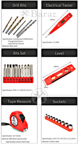 Tool set with 18v cordless drill (2 battery), 126 pieces professional home tool combo Kit. Cordless power Drill and Toolbox set for Household, Homeowners, office, garden, house repair and maintenance. Baraz