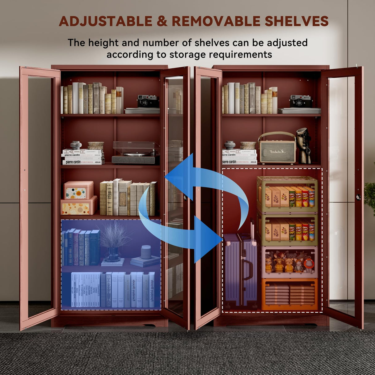 Kubohogar Display Cabinet with Glass Doors,71" Metal Curio Cabinets with 4 Adjustable Shelves, 5 Tier Display Case for Collectibles, Metal Storage Cabinet, Brown Kubohogar