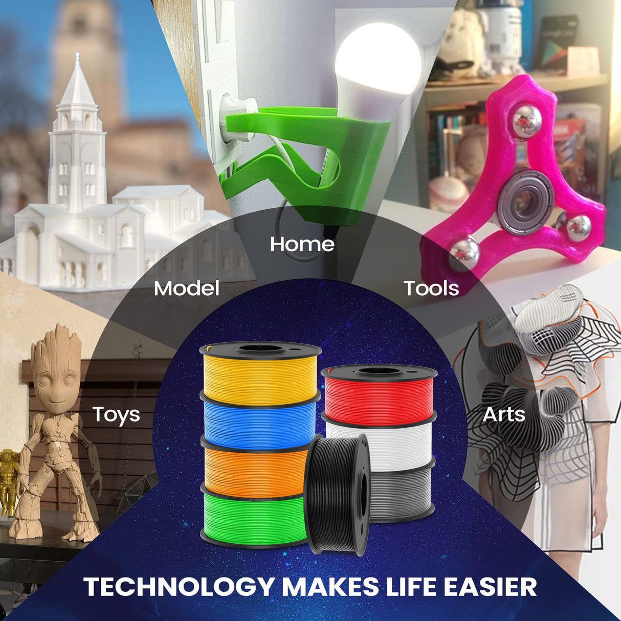 SUNLU 3D Printer Filament Pack, 0.25kg Each Spool, Total 2kg, Mini Spool, PLA+ Filament 1.75mm, 8 Packs, Black+White+Grey+Blue+Green+Red+Orange+PureYellow SUNLU