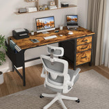 Lufeiya Computer Desk with Fabric File Drawers Cabinet, 55 Inch Home Office Desks with Filing Cabinet for Small Space, Study Writing Table PC Desks with Storage for Bedroom, Rustic Brown Lufeiya