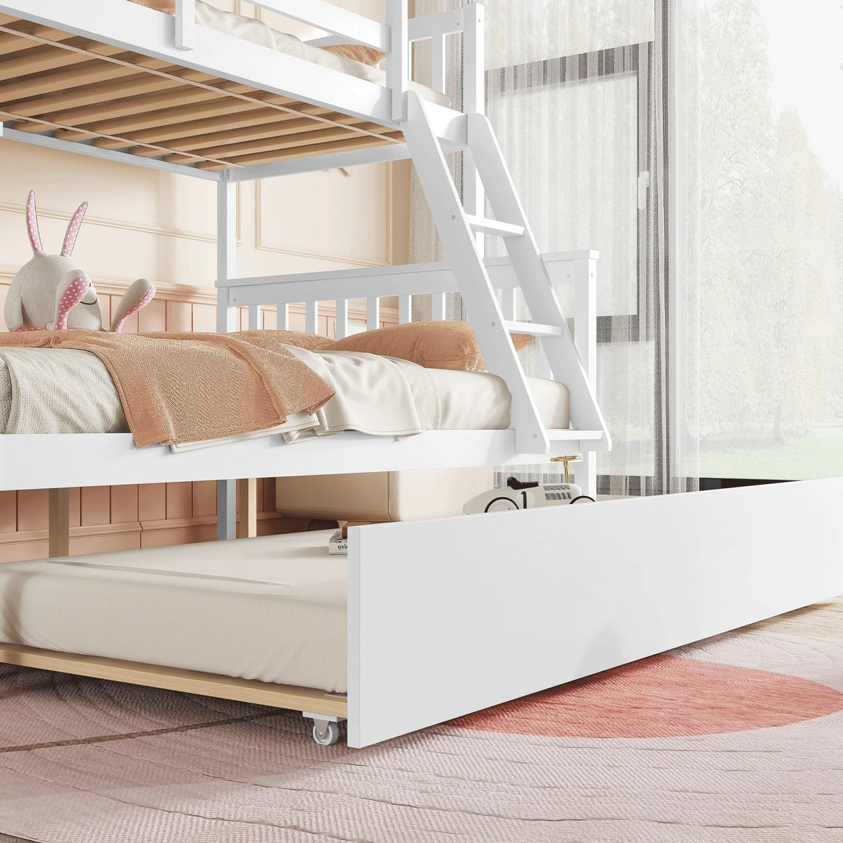 WIILAYOK Twin Over Full Bunk Bed with Trundle, Convertible to 2 Platform Bed, Twin and Full Size Bunk Bed with Ladder and Safety Rails for Kids, Teens, Adults, White WIILAYOK