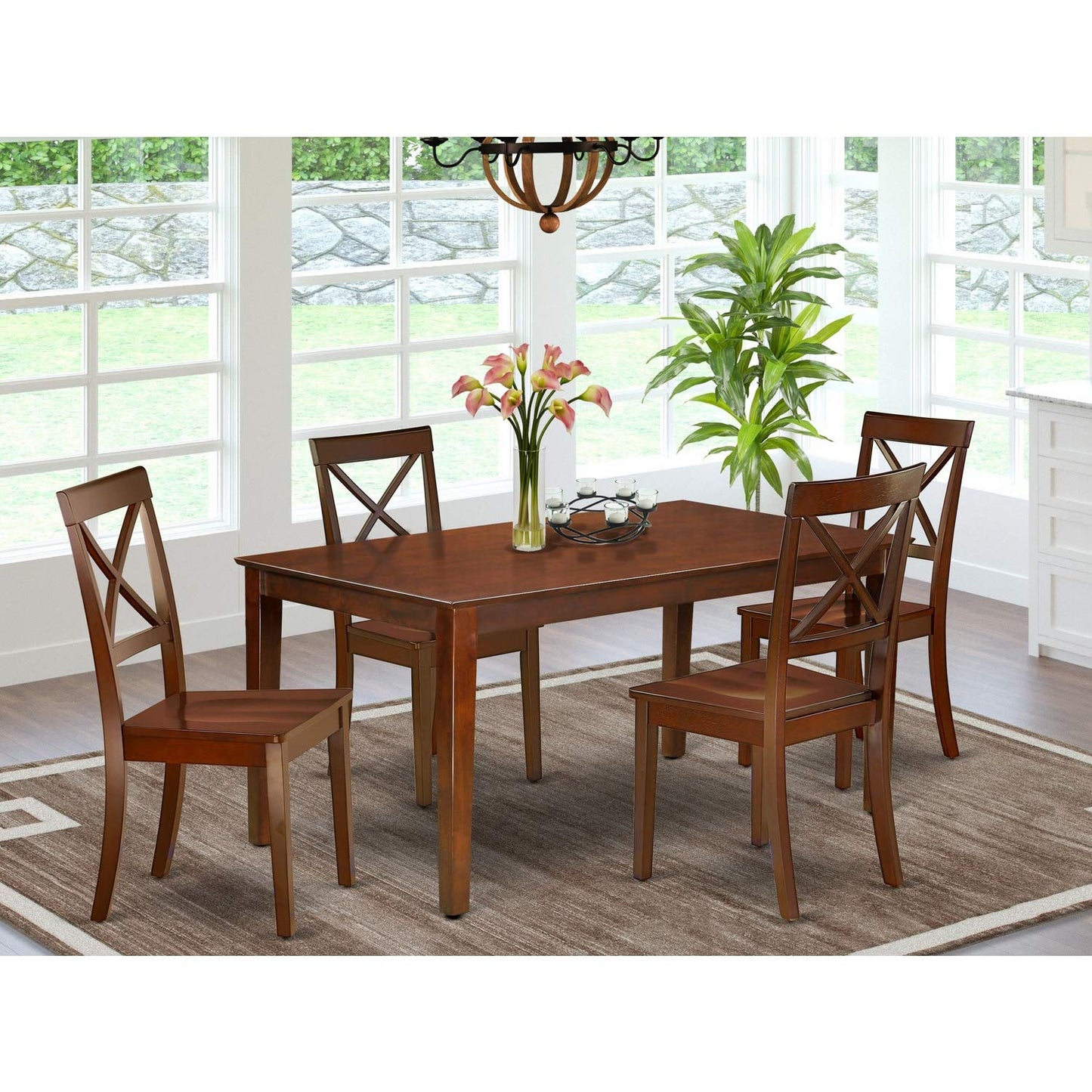 East West Furniture CABO5-MAH-W Capri 5 Piece Room Furniture Set Includes a Rectangle Dining Table and 4 Wood Seat Chairs, 36x60 Inch - WoodArtSupply