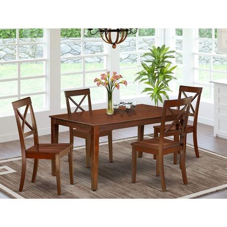 East West Furniture CABO5-MAH-W Capri 5 Piece Room Furniture Set Includes a Rectangle Dining Table and 4 Wood Seat Chairs, 36x60 Inch East West Furniture