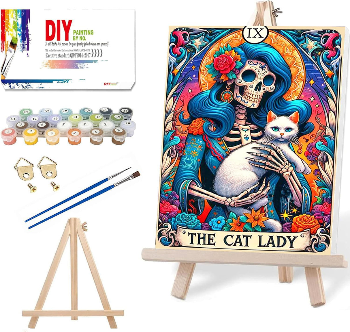 VIGEGU Skull Cat Paint by Numbers Kit for Adults with Framed - Cat Lady Paint by Number with Wooden Easel DIY Adult Paint by Number Kits Box Pack Acrylic Oil Painting for Wall Decor 9.5x12in VIGEGU