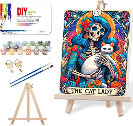 VIGEGU Skull Cat Paint by Numbers Kit for Adults with Framed - Cat Lady Paint by Number with Wooden Easel DIY Adult Paint by Number Kits Box Pack Acrylic Oil Painting for Wall Decor 9.5x12in VIGEGU