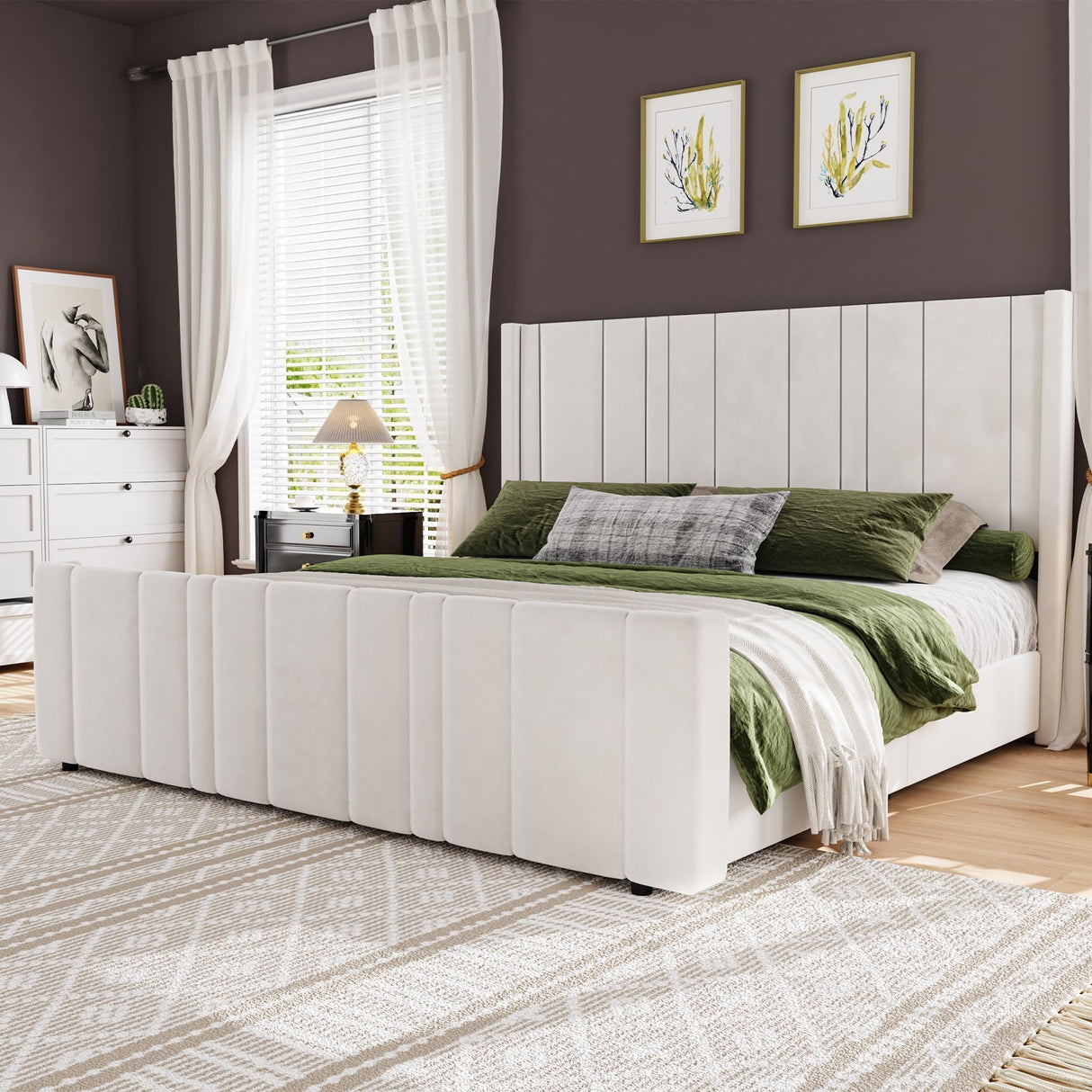 HOMBCK King Size Bed Frame, Soft Velvet Upholstered Bed Frame with Vertical Channel Tufted Wingback Headboard & Footboard, Soft Bed Frame King, Noise Free, Easy Assembly, White HOMBCK