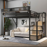 TCMILA Queen Size Metal Loft Bed with Convertible Storage Stairs and Open Wardrobe, Guardrails for Kids, Adults, Boys, Bedroom, Space-Saving, No Box Spring Needed, Black TCMILA