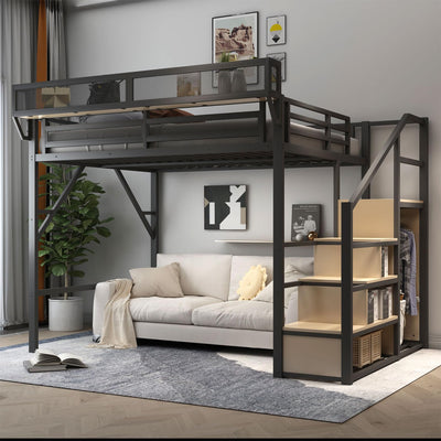 TCMILA Queen Size Metal Loft Bed with Convertible Storage Stairs and Open Wardrobe, Guardrails for Kids, Adults, Boys, Bedroom, Space-Saving, No Box Spring Needed, Black