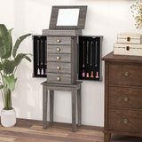 GOFLAME Standing Jewelry Armoire, Jewelry Storage Cabinet with Flip Top Makeup Mirror, 5 Drawers, 2 Side Doors, 8 Necklace Hooks, Solid Wood Legs, GOFLAME