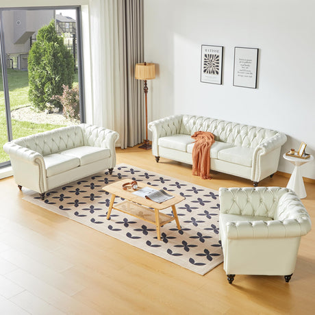 RUSTYER Chesterfield Loveseat Sofa, Modern Leather Small Sofa Couch 2 Seater with Rolled Arms and Nailhead, Mid Century Modern Loveseat Couch for Small Spaces Living Room Bedroom Apartment, White RUSTYER