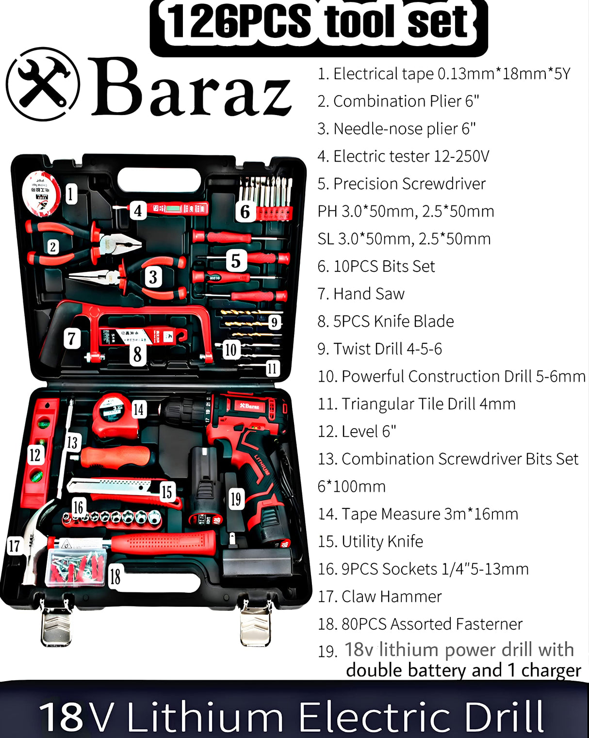 Tool set with 18v cordless drill (2 battery), 126 pieces professional home tool combo Kit. Cordless power Drill and Toolbox set for Household, Homeowners, office, garden, house repair and maintenance. Baraz