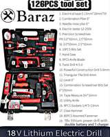 Tool set with 18v cordless drill (2 battery), 126 pieces professional home tool combo Kit. Cordless power Drill and Toolbox set for Household, Homeowners, office, garden, house repair and maintenance. Baraz