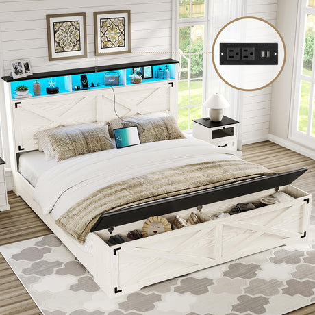DICTAC Farmhouse Queen Bed Frame with Storage Headboard, Charging Station and LED Lights Queen Size Platform Bed Frame with Storage Ottoman, Metal Slats Support, No Box Spring Needed, Antique White DICTAC