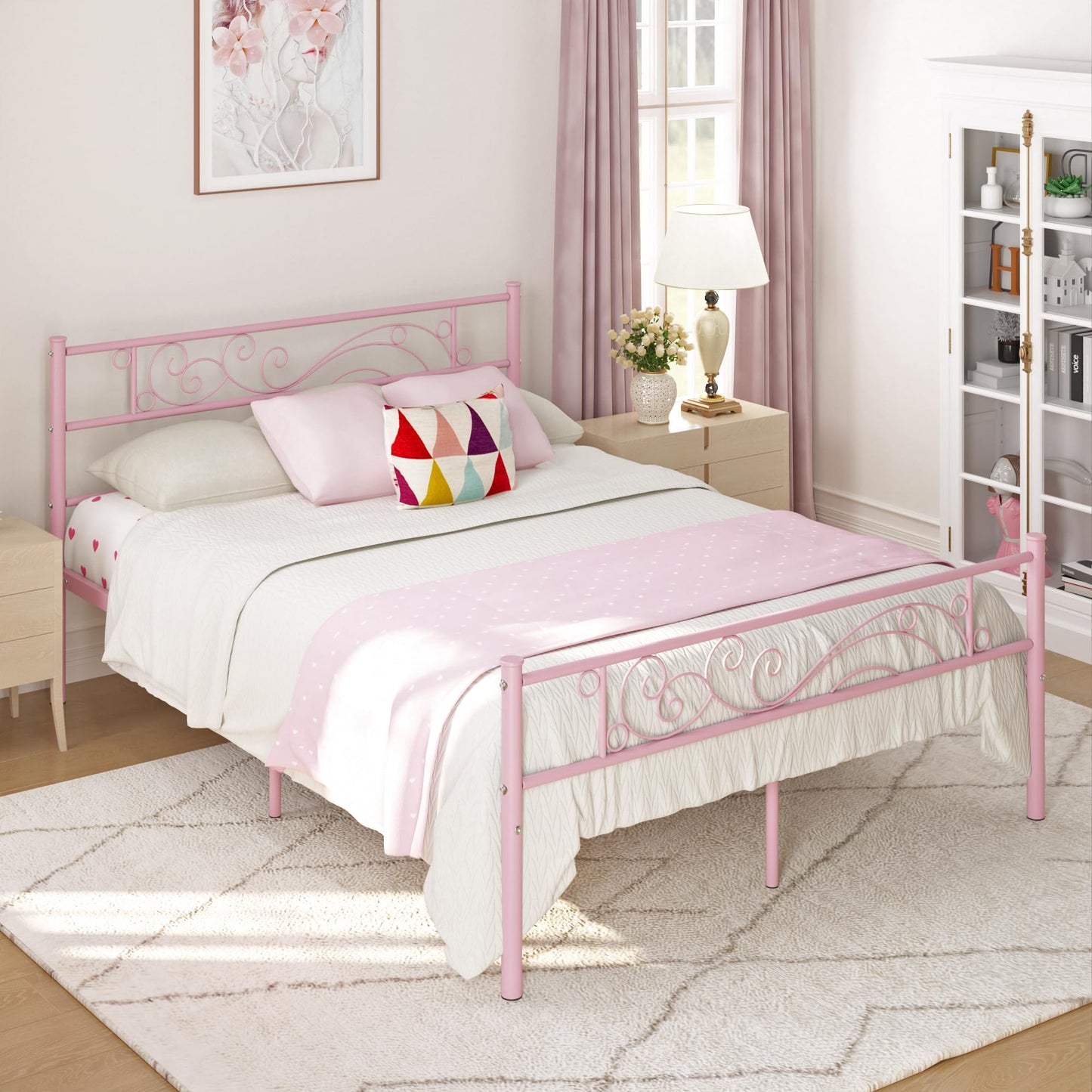 Weehom Full Size Bed Frames with Headboard, Heavy Duty Metal Platform Bed Strong Metal Slats Support,Easy Assembly Pink