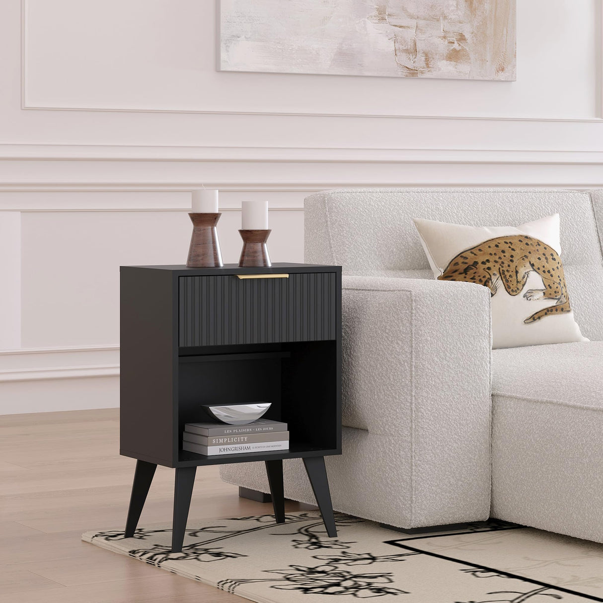 YAUKOMEL Fluted Night Stand with Opening Storage,Mid Century Bedside Table with Drawer,Modern Nightstand with Solid Wood Legs,End Table Side Table for Living Room,Bedroom,Black CTG56BK YAUKOMEL