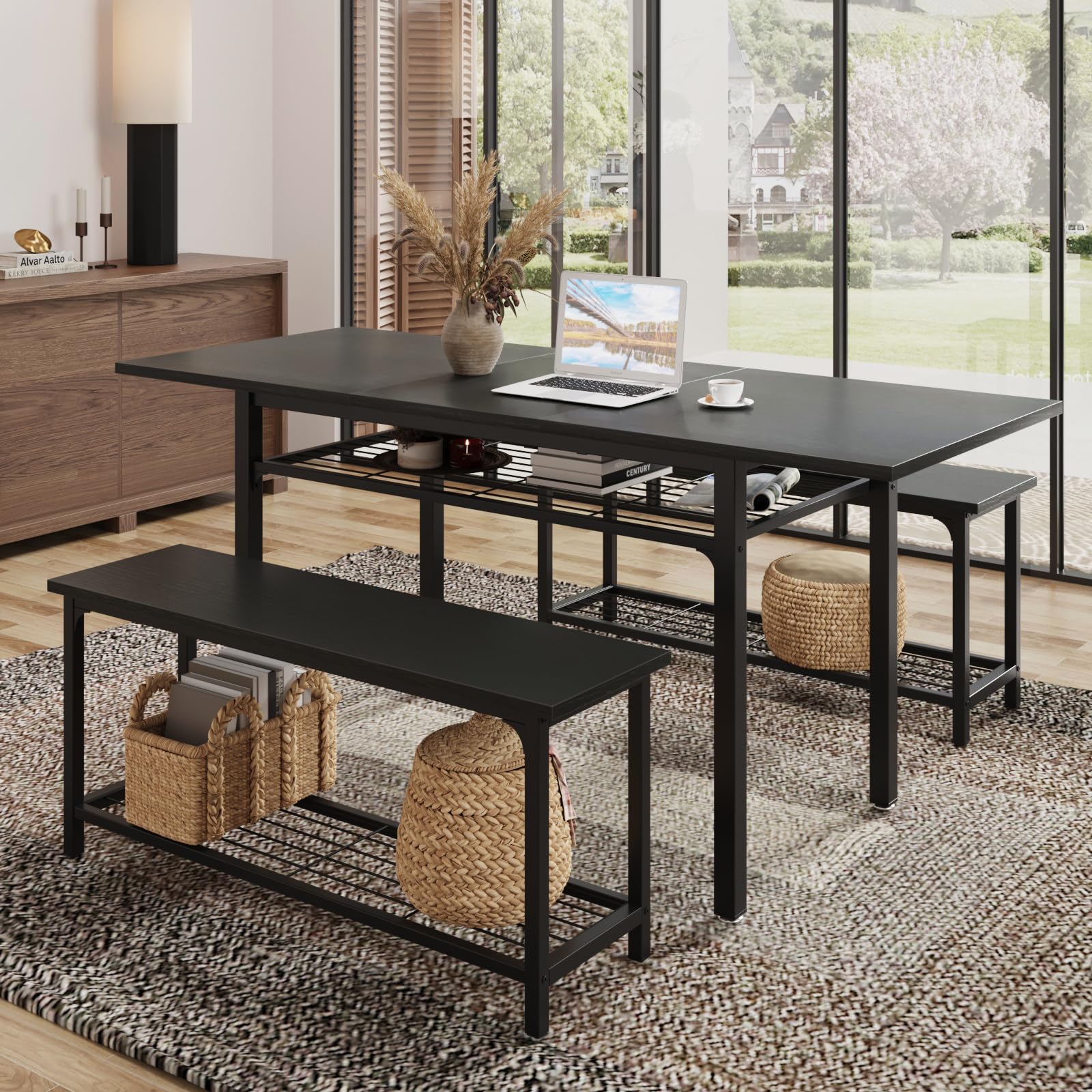 Halitaa 3-Piece Dining Table Set for 4-8, Black Kitchen Table Set 63" Extendable Dining Room Table Set with 2 Benches Storage Rack Metal Frame & Wooden Board - WoodArtSupply